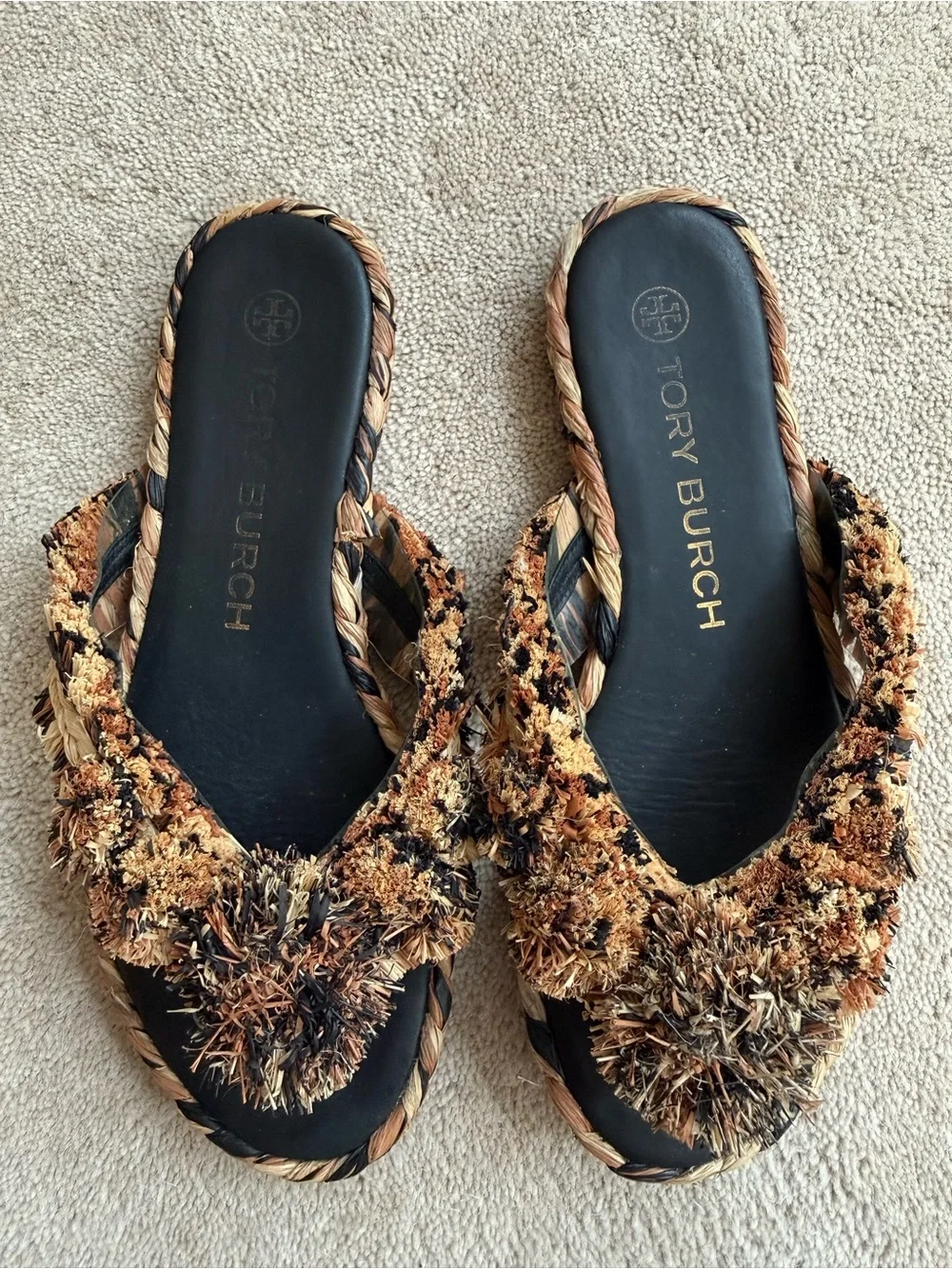 Tory Burch Tan and Black Raffia Pom Slide Sandals